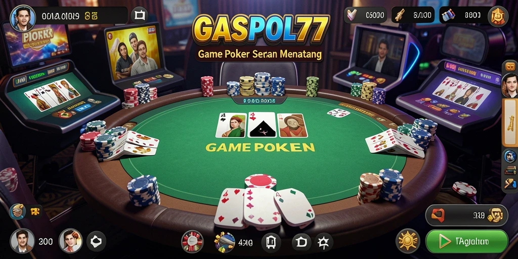 Screenshot utama GASPOL77 menampilkan gameplay poker yang mendebarkan.