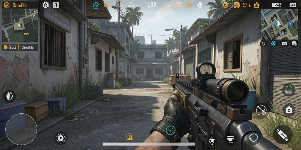 Tangkapan layar utama INS55 yang menunjukkan aksi intens FPS.