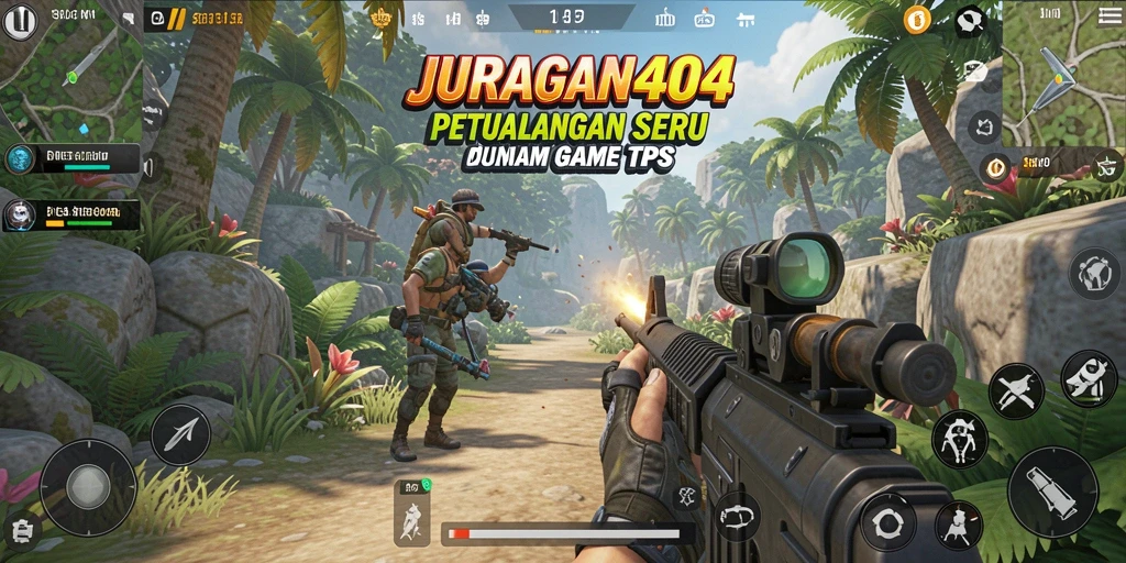 Tampilan gameplay JURAGAN404 menampilkan pertempuran seru antar pemain dalam setting arena yang dinamis.