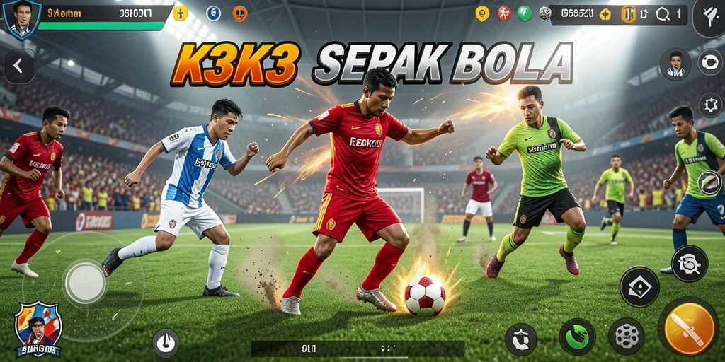 Tampilan gameplay K3K3 yang seru dengan aksi sepak bola mendebarkan.