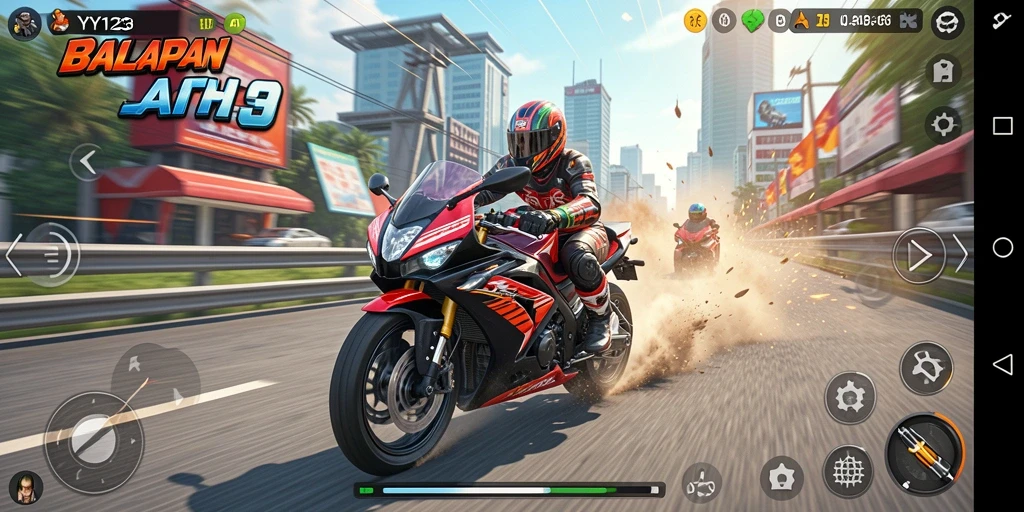Screenshot gameplay YY123 menampilkan balapan motor yang mendebarkan.